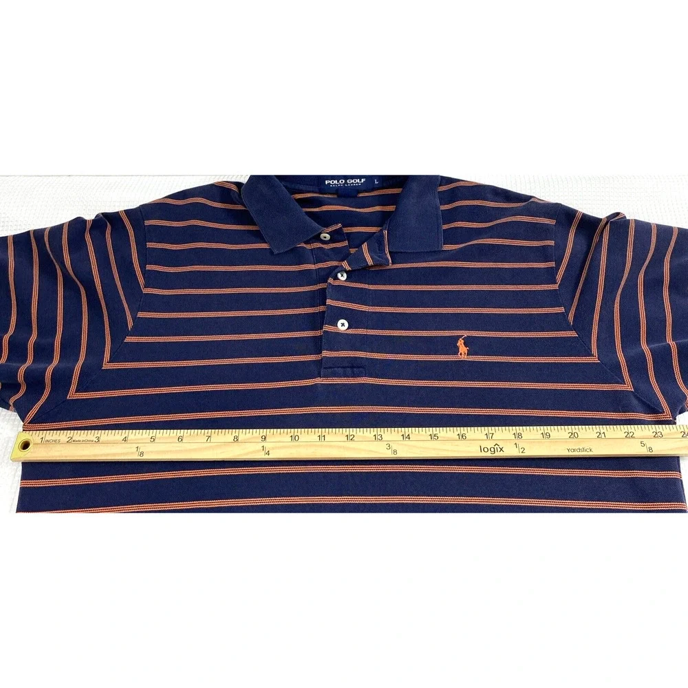 Ralph Lauren Polo Golf Shirt Mens Large Navy Blue Orange‎ Stripe Short Sleeve